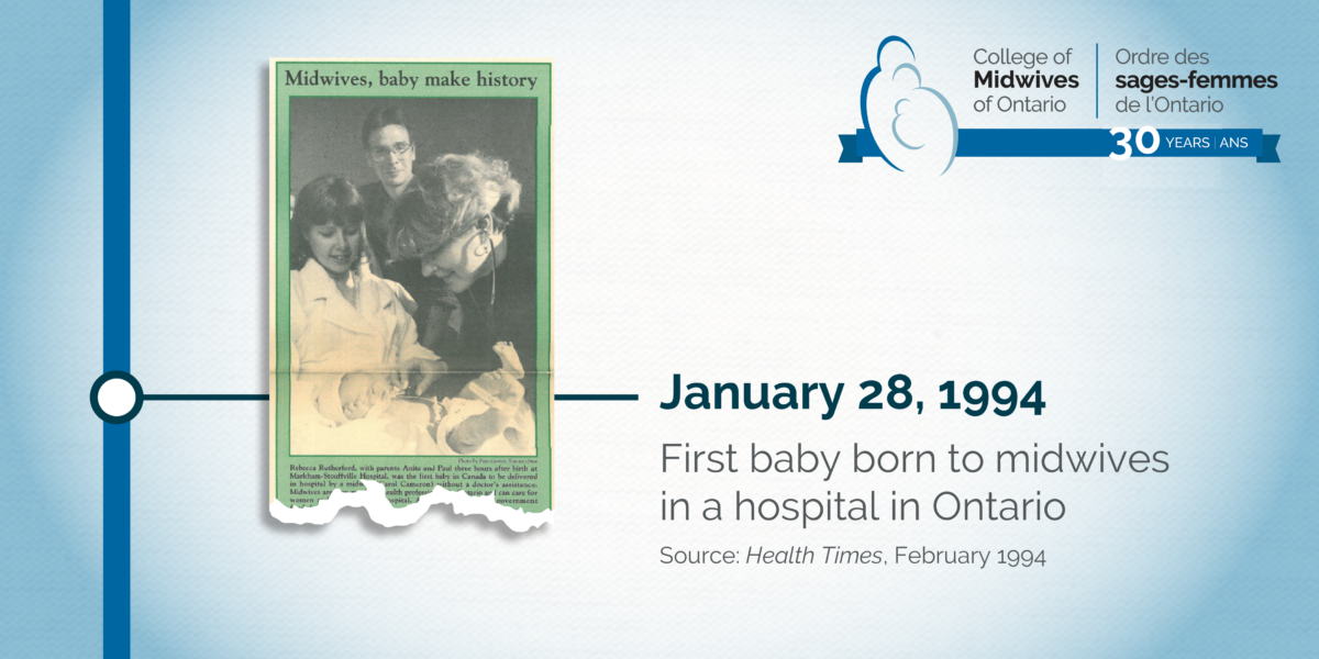 Image of the first baby born to Ontario midwives in a hospital from the Health Times